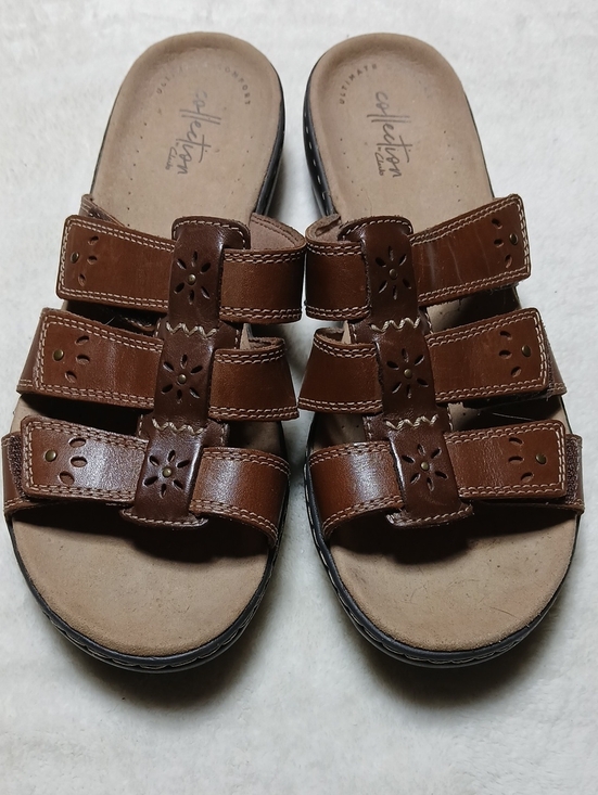 Clarks Shoes - Clarks Brown Triple-Strap Leather Slide Sandals Size 8.5 Womans